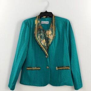 Vintage Pablo Collection Size Large 12/14 Emerald Green Blazer Gold Buttons Trim